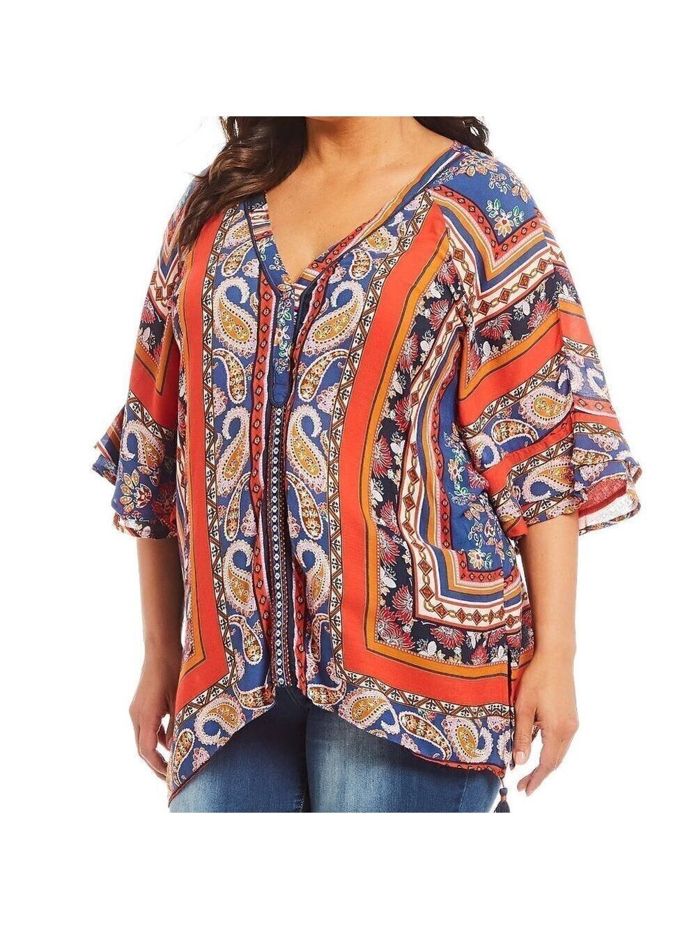 Democracy Orange Blue Paisley Boho Blouse Tunic Size 2X